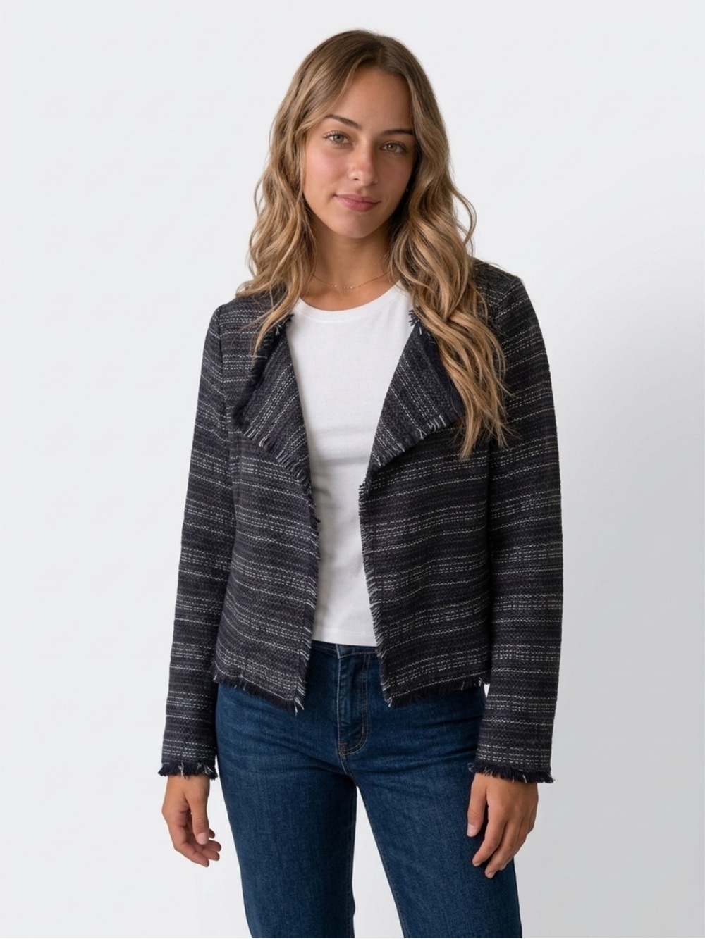 Adrienne Vittadini Women's Open Front
Tweed Fringe Blazer Size S - Black & White - Picture 2 of 9